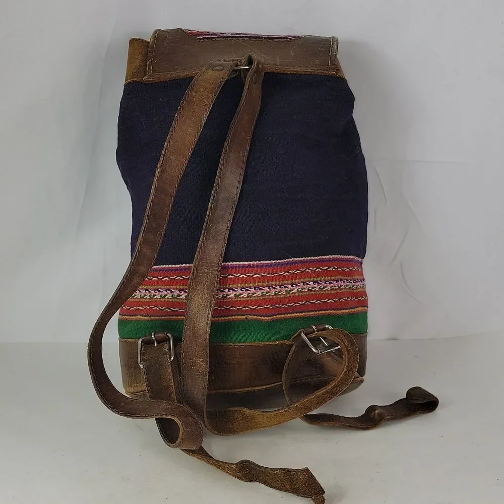 Vintage BHL Leather Ethnic Aztec Woven Wool Backpack
